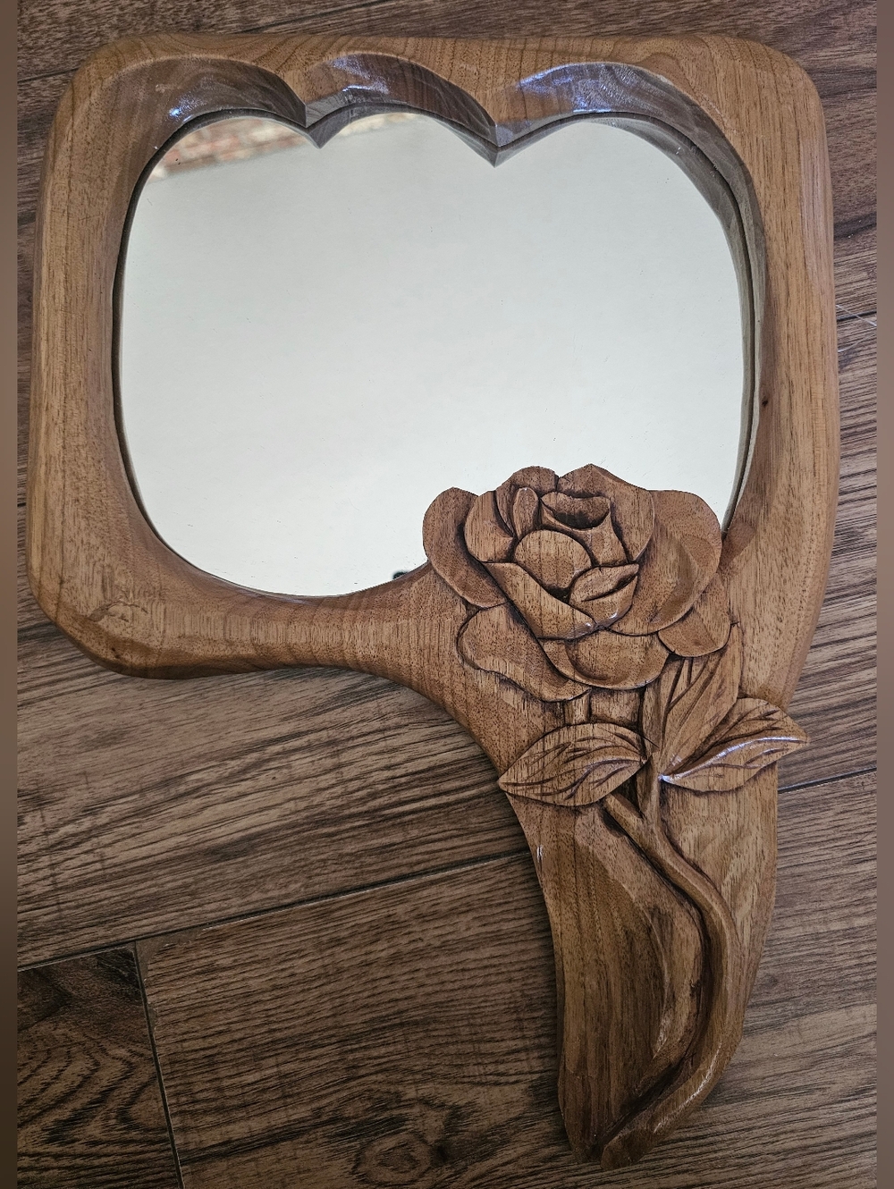 Hand-Carved Wooden Rose Wall/hand Held Mirror